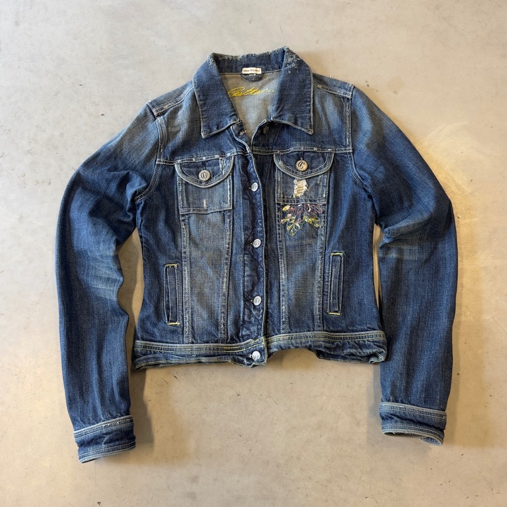 C'est Toi Jeans Distressed Denim Jacket Embroidered Floral Blue Medium - Picture 1 of 6